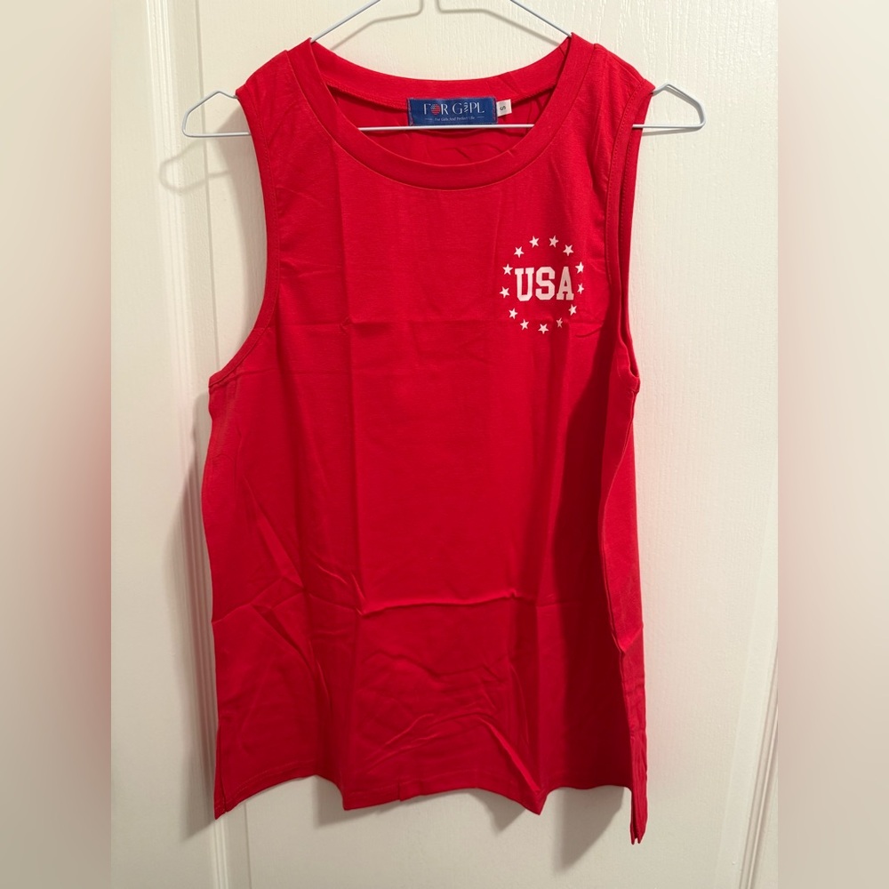 Women’s Red Sleeveless USA Tank Top with Flag Design on Back - Size S